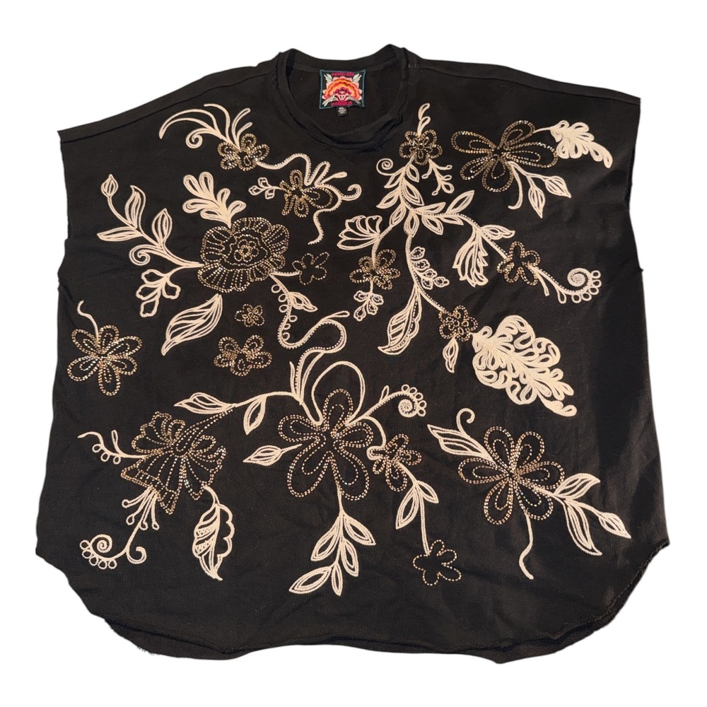 Johnny Was Los Angeles Black Floral Embroidered Beaded Sweatshirt Top ML